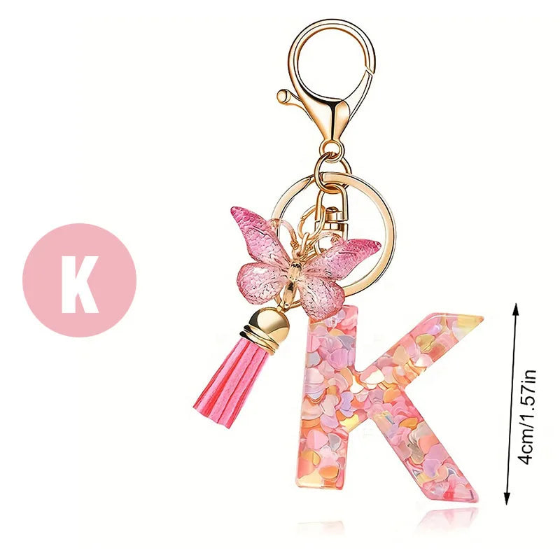 1pc Pink Glitter Letter Keychain with Heart Butterfly Tassel Crystal Resin Charm Fashion Accessory Gift for Women & Girls Oasis Select K