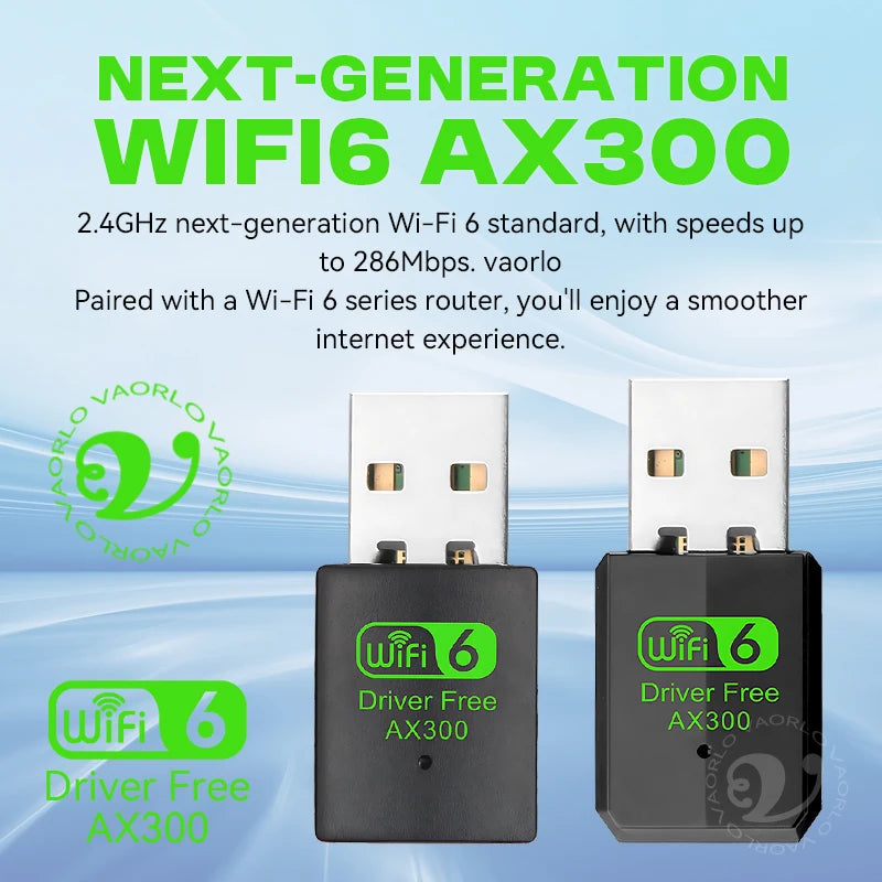VAORLO WIFI 6 USB Adapter AX300 Network Card Mini USB Dongle 2.4GHz 802.11AX Wireless Dongle Receiver For Win 7/10/11 Drive Free Oasis Select