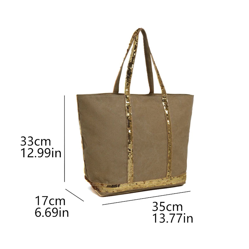 Vintage Canvas Sequin Tote Bag – Large Shoulder Bag for Women
