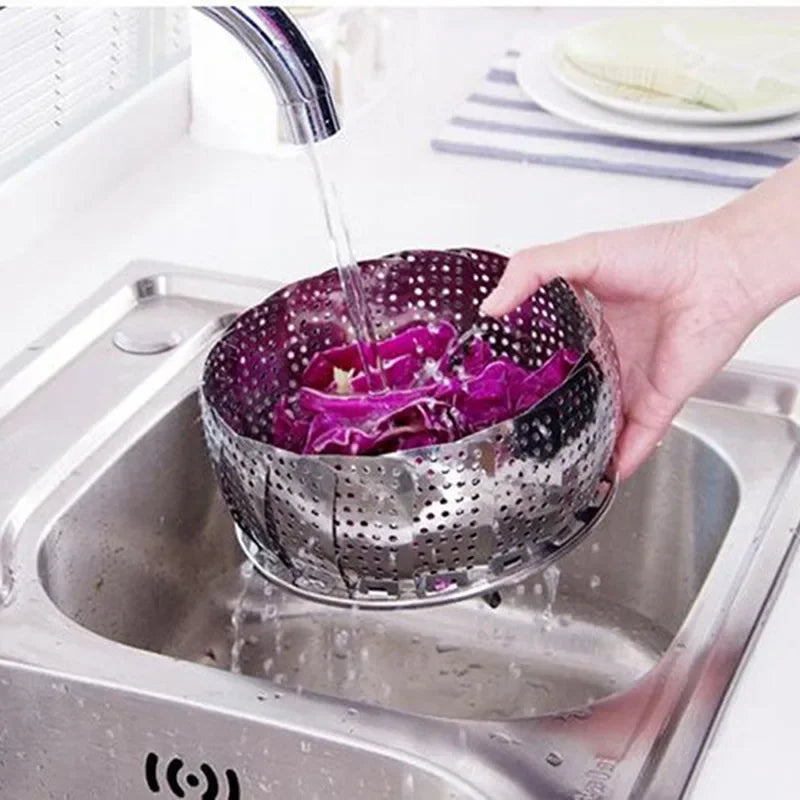 Silver Stainless Steel Retractable Folding Steamer Plate Multifunctional Food Steamer Vegetable Fruit Basket Oasis Select