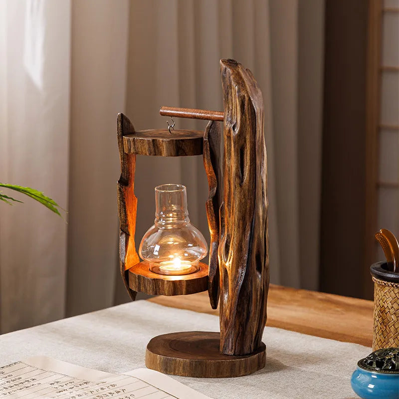 Log Wind Lamp Creative Candlestick Retro Southeast Asia Glass Cover Candlestick Outdoor Windproof Lantern Zen Decoration Oasis Select