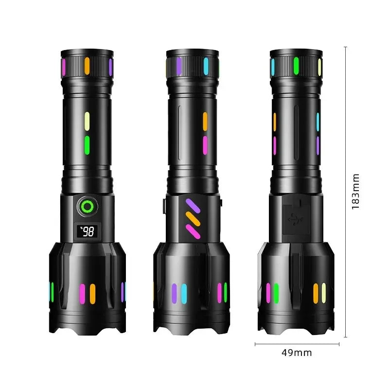Long Range LED Flashlight High Power Spotlight Fluorescent Absorbing Film Luminous Colorful Zoom Flashlight Camping Emergency Oasis Select