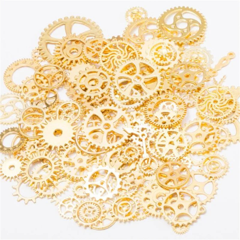 50g Antique Steampunk Gear Accessories Decor DIY Metal Pendants Charms for DIY Necklace Bracelet Crafting Jewelry Making Decor Oasis Select Gold 50g