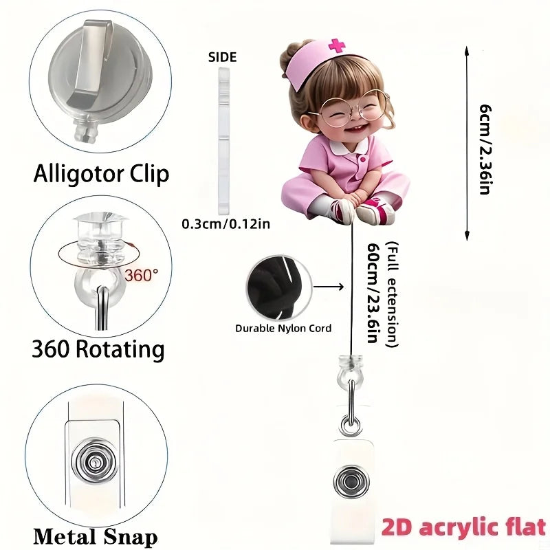 2D Flat， Cute Nurse ID Badge Holder with Glasses Pattern & Retractable Drawstring Oasis Select