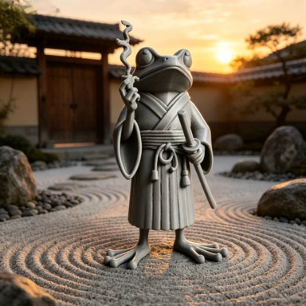 Samurai Frog Statue with Cigarette Pipe Cool Ronin Warrior Frog Figurine Novelty Office Desktop Decor Unique Collectible Gift Oasis Select