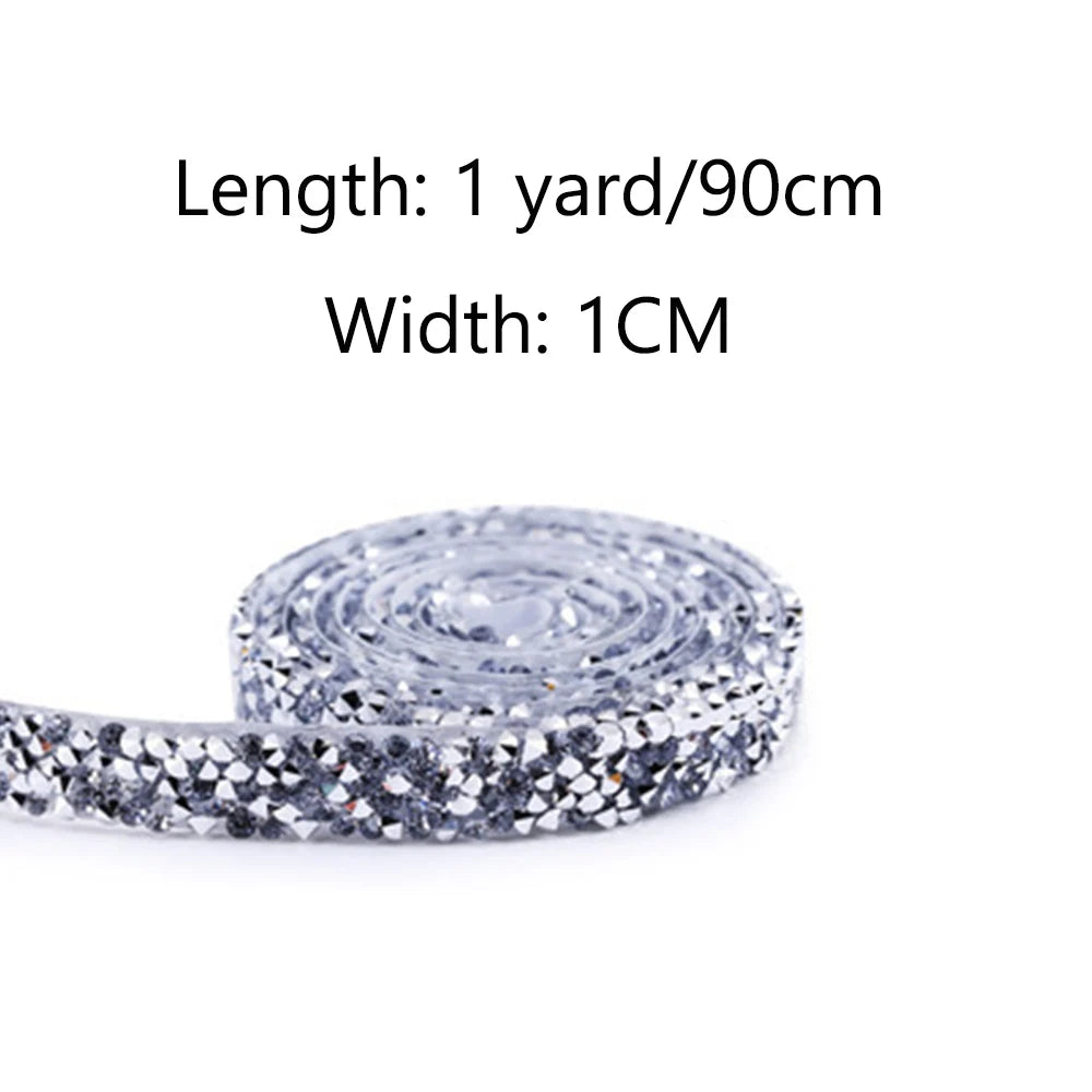 1 Yard Self-Adhesive Gold Crystal Rhinestone Tape Trim Applicator DIY Shoes Dresses Decoration Rhinestones Ribbon Roll Crafts Oasis Select 1cm Silver
