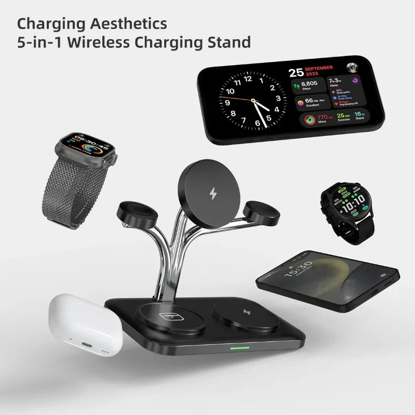 5 IN 1 15W Dual Phone Watch Magnetic Wireless Charger Fast Charging For iPhone 17~12 Samsung Apple/Galaxy Watch Aipods Pro/Buds Oasis Select