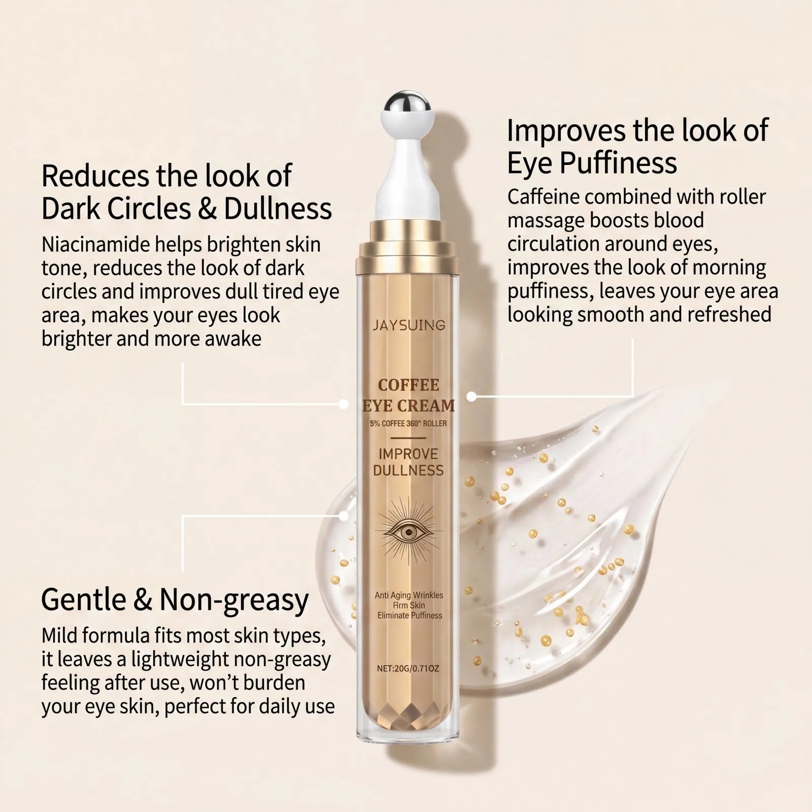 Caffeine Eye Cream Eye Cream Puffiness Dark Circles Fine Lines Firming Hydrating Niacinamide 5% Caffeine Smooth Skin Cream 20g Oasis Select