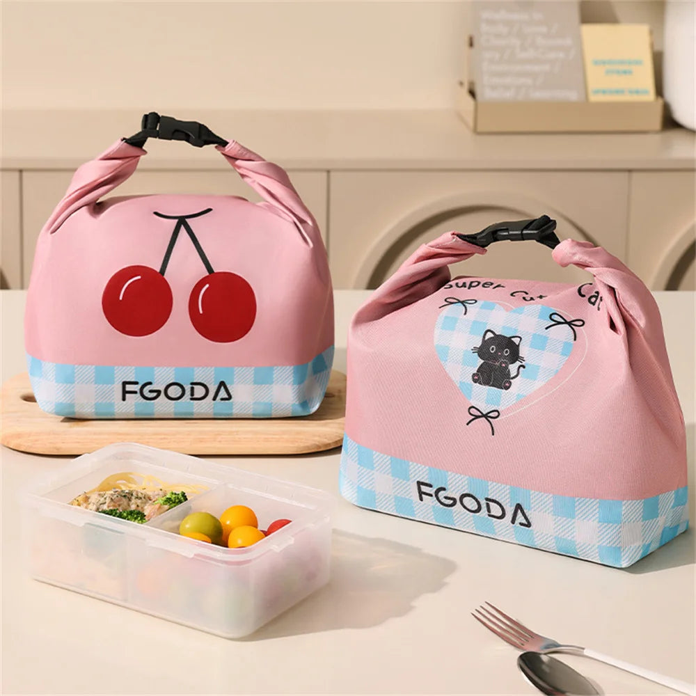 Pink Cherry Cat Insulated Lunch Box Bag Outdoor Waterproof Dinner Picnic Food Storage Bag Bento Box Thermal Bags Portabl Handbag Oasis Select
