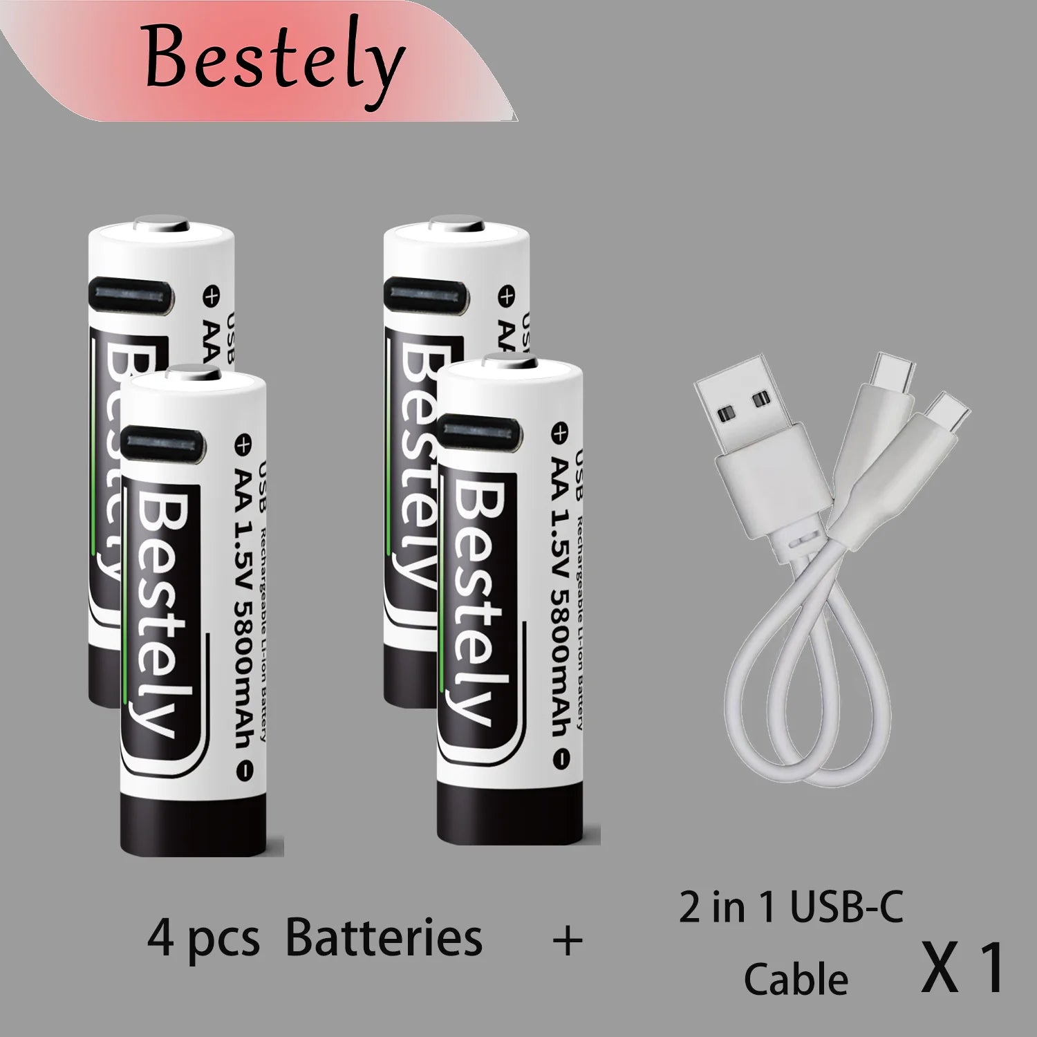 Bestely USB 1.5V AA 5800mAh Lithium ion Rechargeable Battery, AA Fast Charging Li-ion Akku , 2000 Cycle with USB- C Port Cables Oasis Select 4 pcs batteries