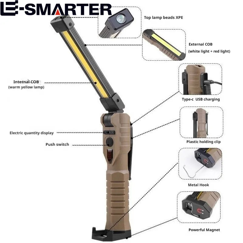 Folding COB XPE LED Work Light Handheld Flashlight with Built-in Battery Lamp Torch Emergency Car Inspection Lamp Red SOS Strobe Oasis Select