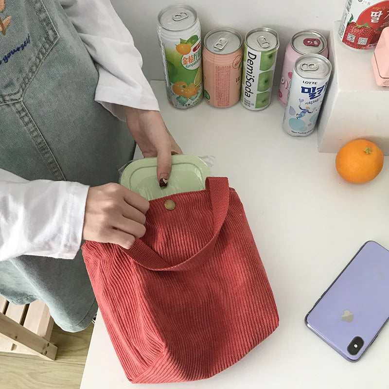 Lunch Bag Corduroy Canvas Lunch Box Drawstring Picnic Tote Eco Cotton Cloth Small Handbag Dinner Container Food Storage Bags Oasis Select Red