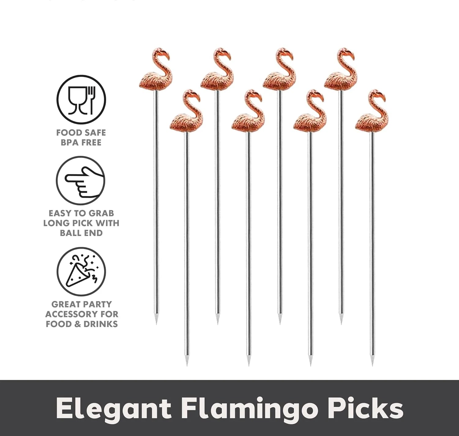 Flamingo Metal Cocktail Picks Stick - Martini Picks, Reusable Rose Gold Metal Cocktail Skewers, Sticks for Olives, Appetizers, Oasis Select