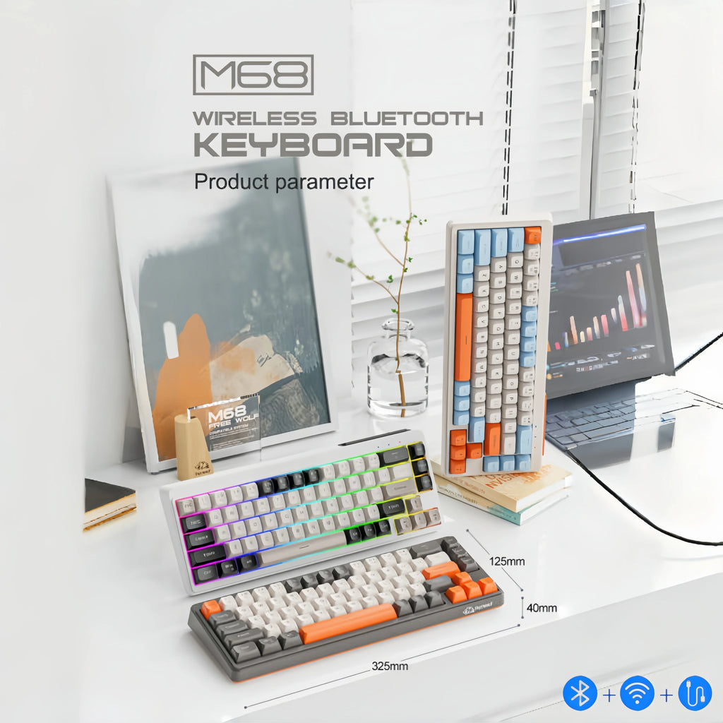 FREEWOLF M68 Three-mode BT/2.4G/Wired Keyboard, 2000mAh Battery, Colorful Rainbow Backlit, Durable PBT Keycaps, Double Leg Brace Oasis Select