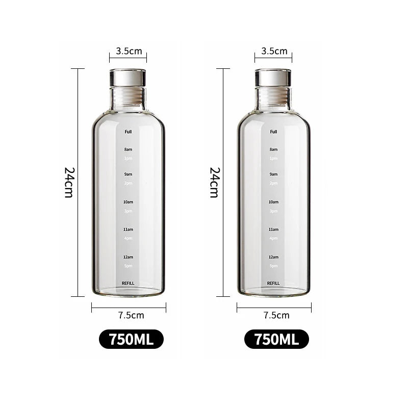 2pcs 300-1000ml Clear Glass Water Bottle Large Capacity with Time Marker Cover for Water Drink Outdoor Portable Milk Juice Cup Oasis Select 750ml-2PCS 300-1000ml