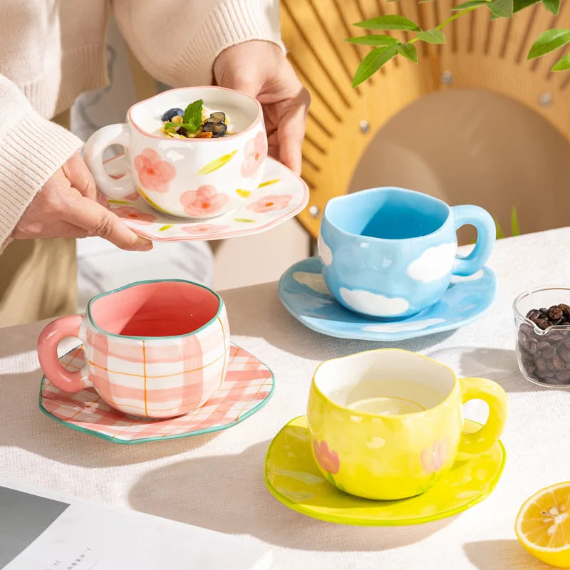 Ceramic Mugs & Saucers Set Coffee Cups Hand Pinched Irregular Flower Milk Tea Cup Ins Style Oatmeal Breakfast Mug Drinkware Oasis Select