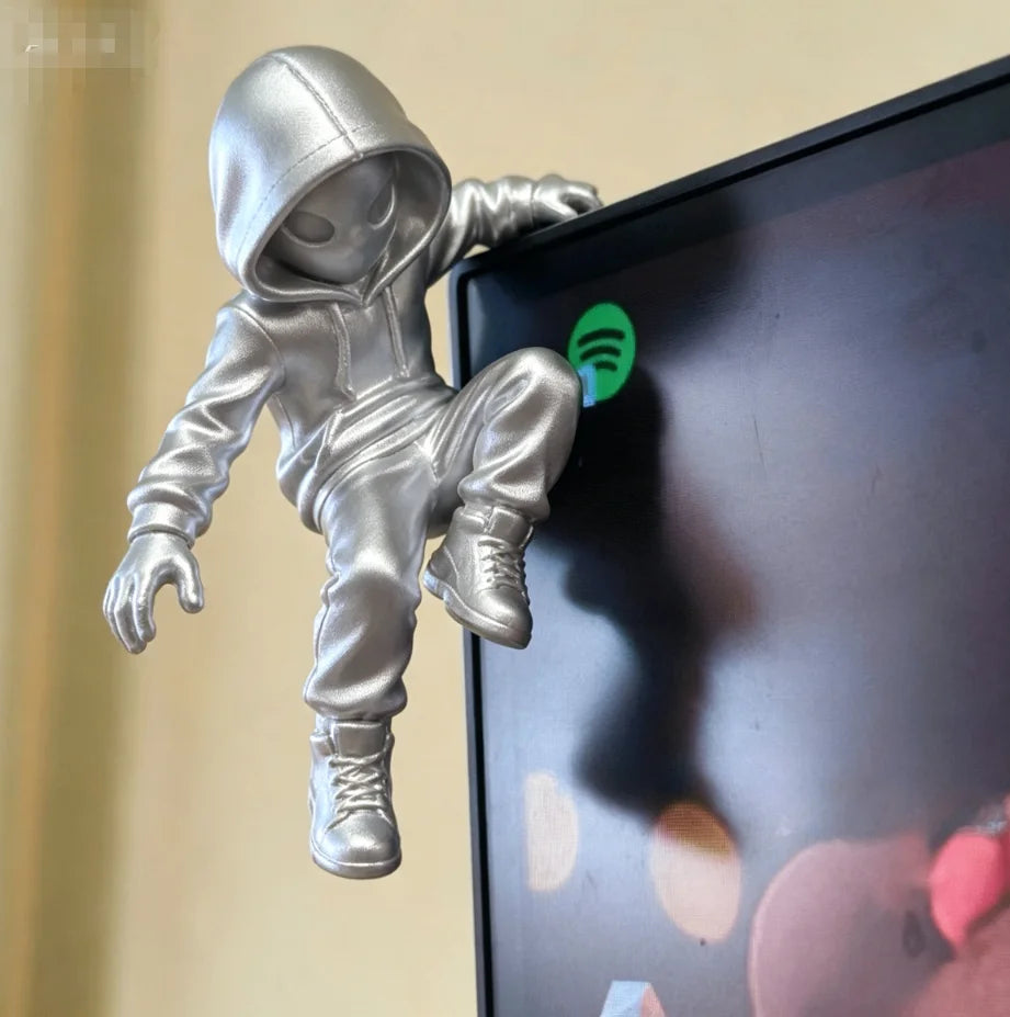 Climb Hoodie Alien Mini Statue 3D Printing Climbing Figure for Monitor Top Decor Weird Novelty Desk Edge Gaming Room Decor Gifts Oasis Select climb 3