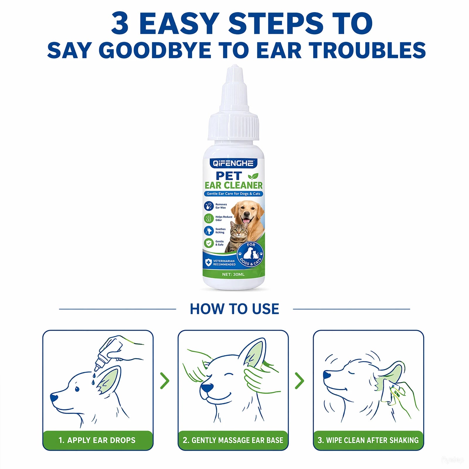 Pet Ear Cleaning Solution 30ml | Dogs & Cats Daily Ear Care