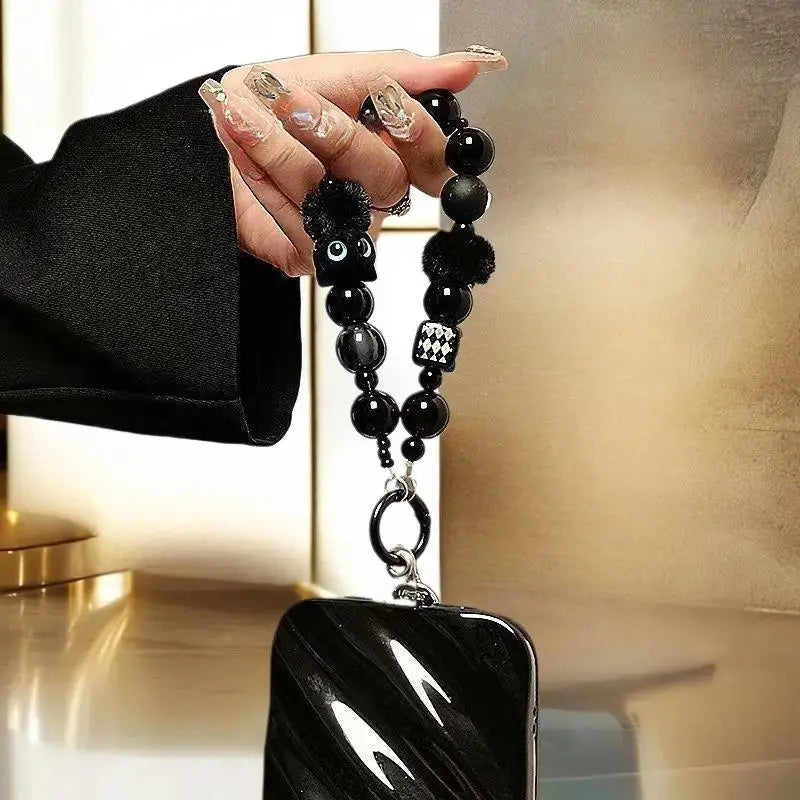 Black Plush Cat Beaded Wrist Strap Y2K Phone Lanyard & Key Charm Phone Wrist Lanyard Oasis Select