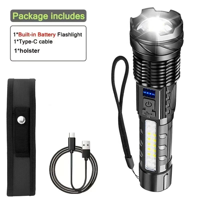 Powerful LED Flashlight Type C Rechargeable Waterproof Torch with Side Light 7 Modes Zoomable Lamp for Camping Fishing Lantern Oasis Select 1PCS With Holster