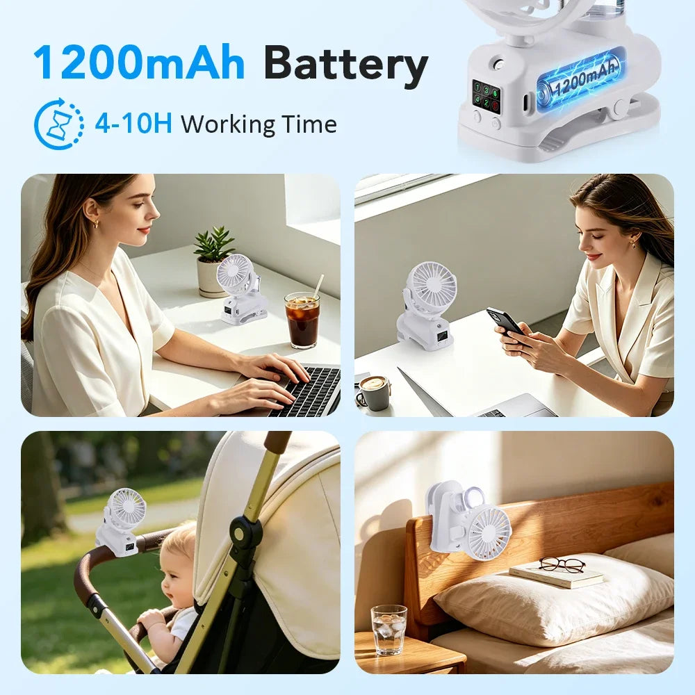 Clip-On Mist Fan USB Rechargeable 4-Speed LED | Desk Humidifier