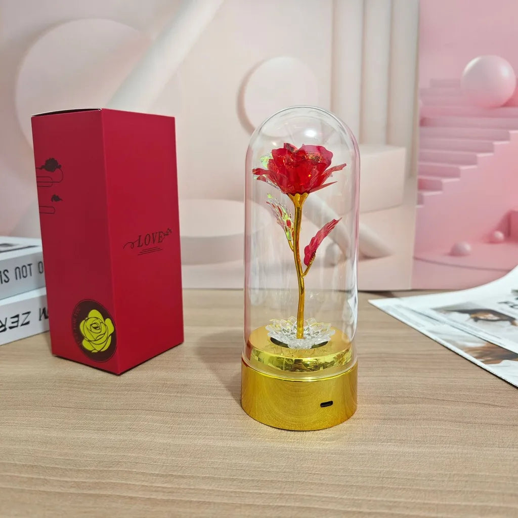 Never Beauty and the Beast Rose with Rose in Clear Dome with Led Light Powered by Battery Gift for Birthday Wedding Valentines Oasis Select Red-1