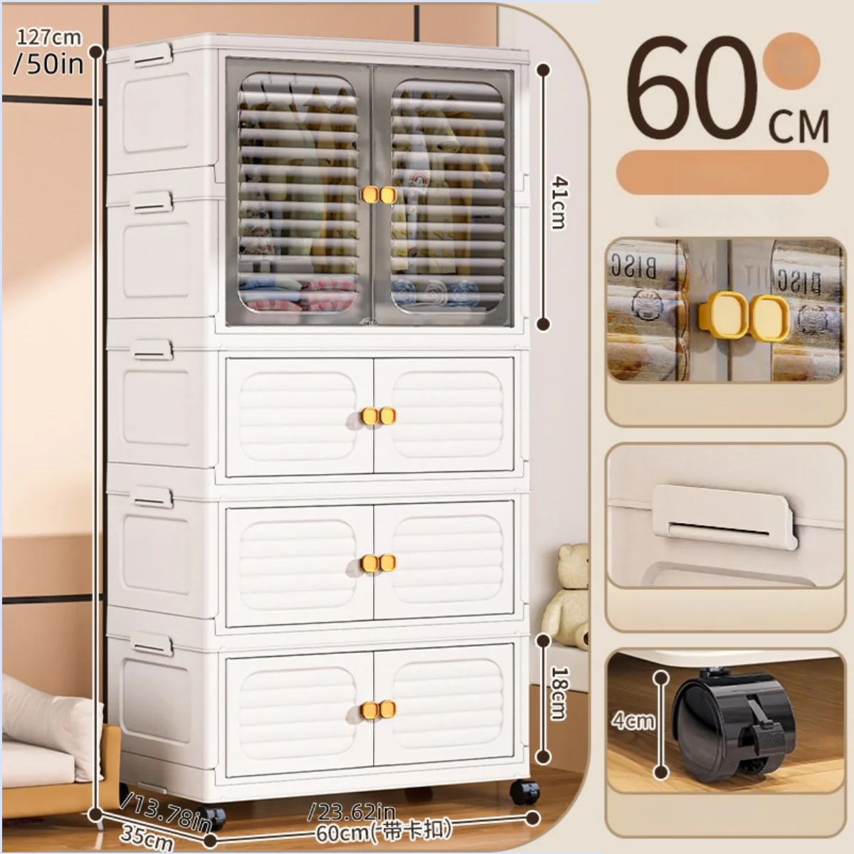 Foldable Cabinet,2-5 Tier, Multi-Combo,Rolling Mobile with Wheels,Heavy-Duty, Large Capacity,Bedroom/Living Room/Kitchen Storage Oasis Select 4Layers-mixed color