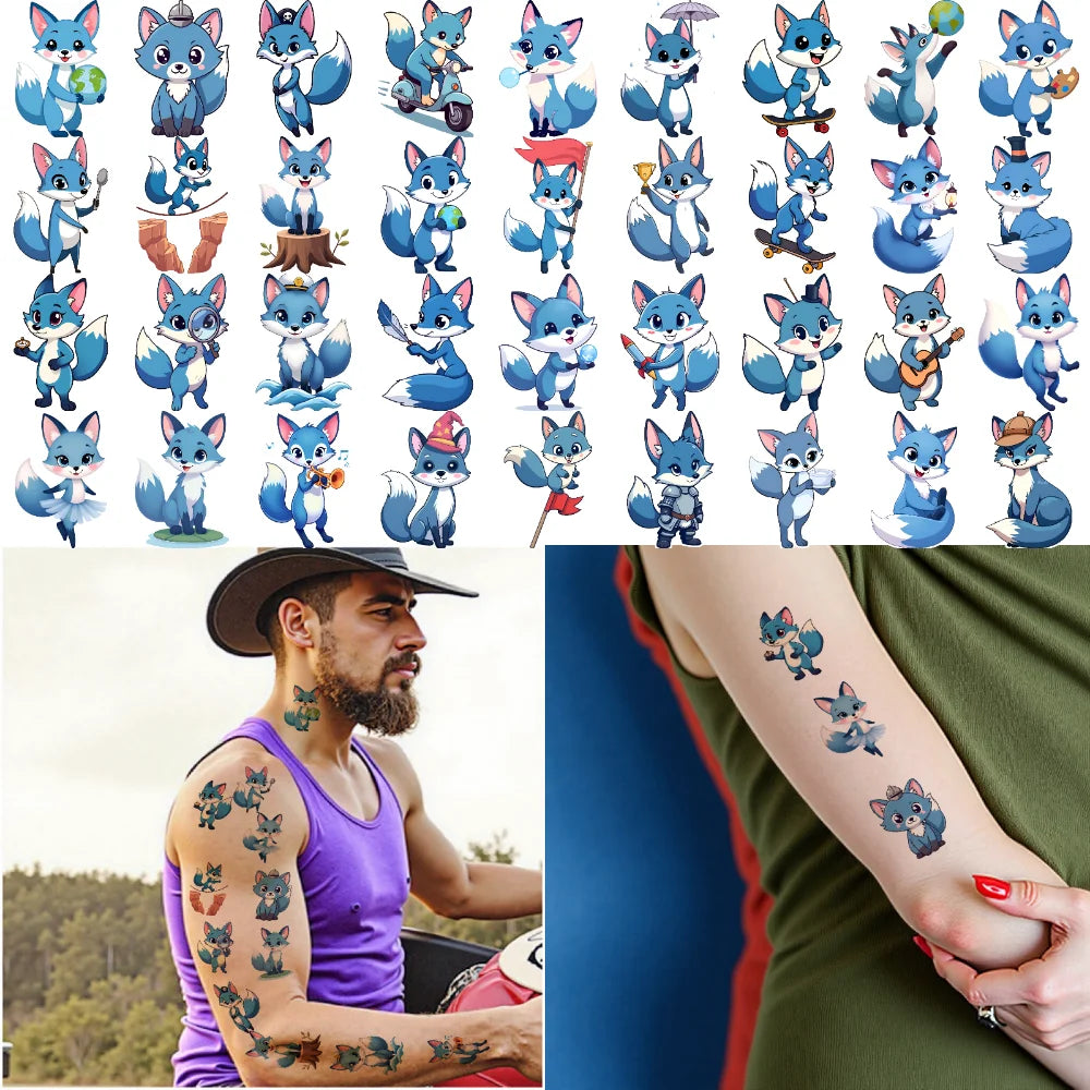 54-Piece Fox Cartoon Temporary Tattoo Stickers – Waterproof