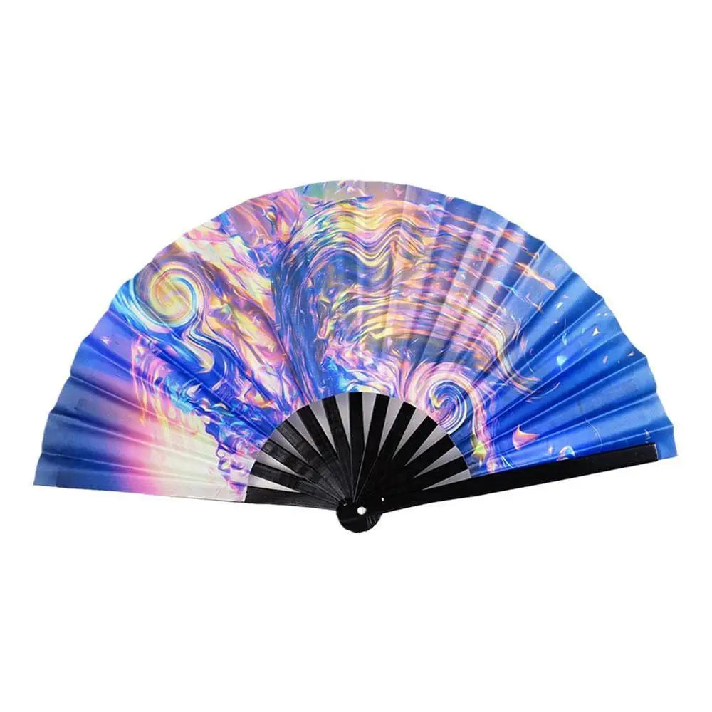 New Foldable Bamboo Fan 33cm Lightweight Holding Laser Colors Hand Fan Portable PVC Clack Clapping Fans for Line Dancing Oasis Select Style 7