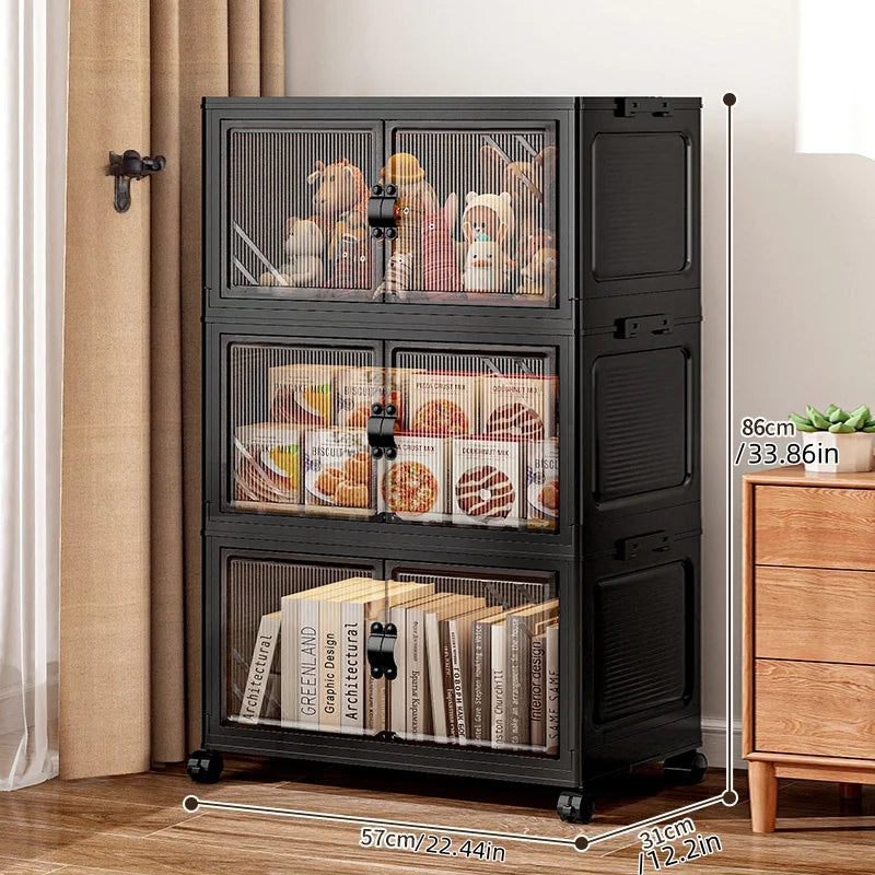 22.4 Inch Foldable Storage Box,Double Doors Multi-Layer No Assembly Organizer for Drinks/Snacks/Toys/Daily Items,Space-Savining Oasis Select 3 Layers
