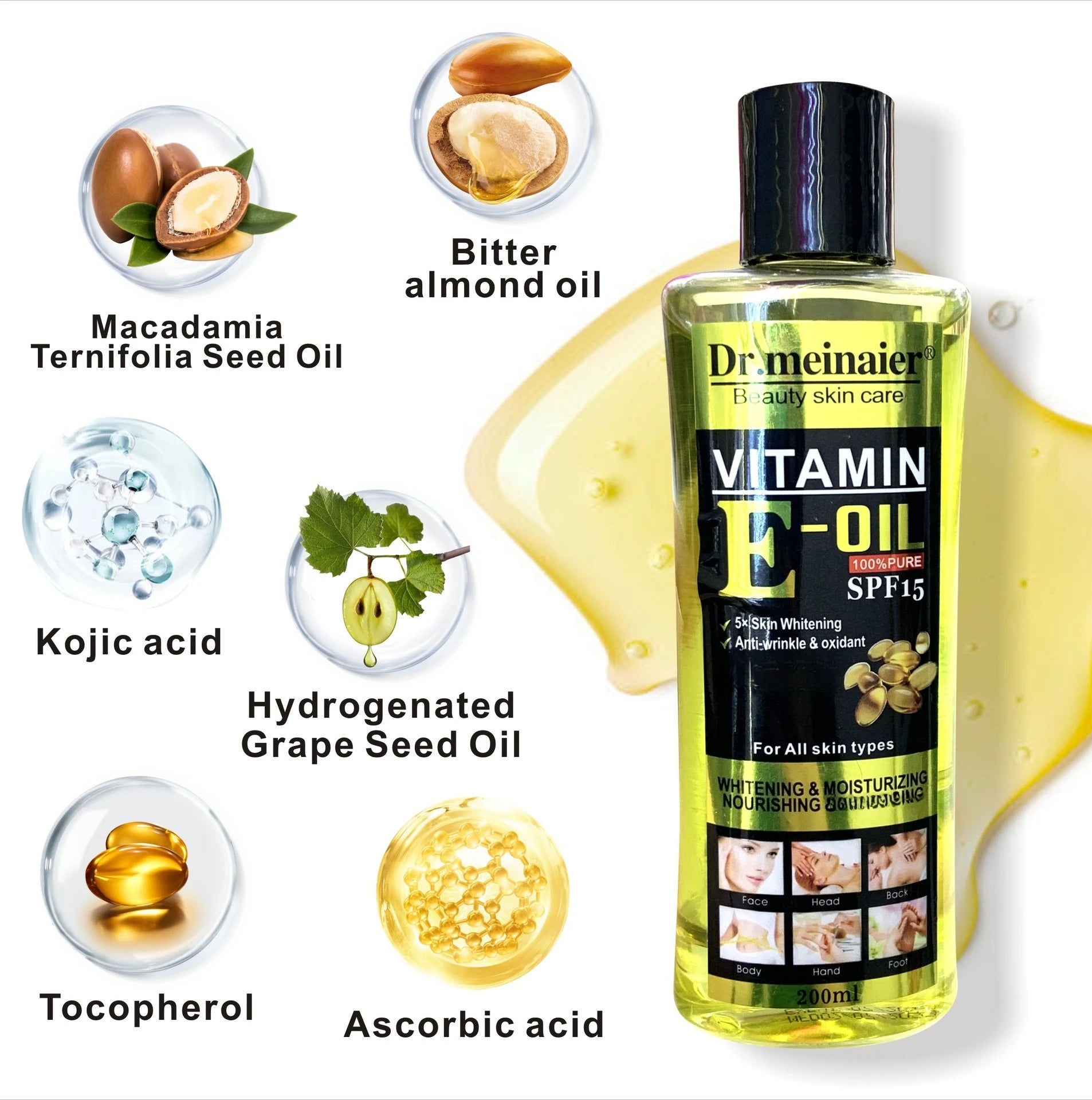 200ml Vitamin C Whitening Facial Essential Oils Vitamin E Body Moisturizing Massage Oil Natural SPA Emollient Oil Oasis Select