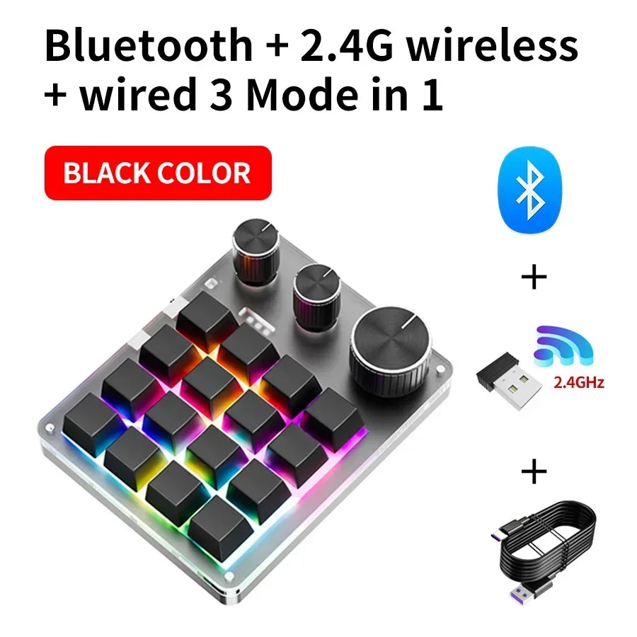 16 Keys 3 Mode Macro Mechanical Keyboard USB RGB Gaming Custom Programming Knob Portable Custom 6Keys 3Knob Switch For Photoshop Oasis Select Black BT and 2.4G