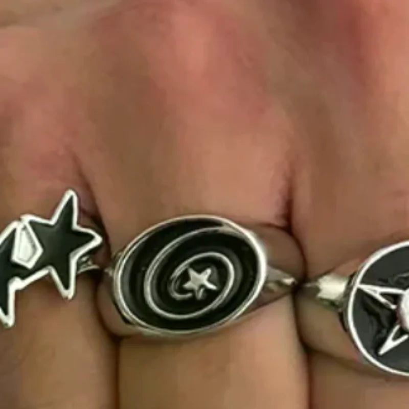 4Pcs/Set Black Five-Pointed Star Wide Rings For Men Hiphop Silver Color Geometric Thick Opening Finger Rings Sets Jewelry Gifts Oasis Select Default Title
