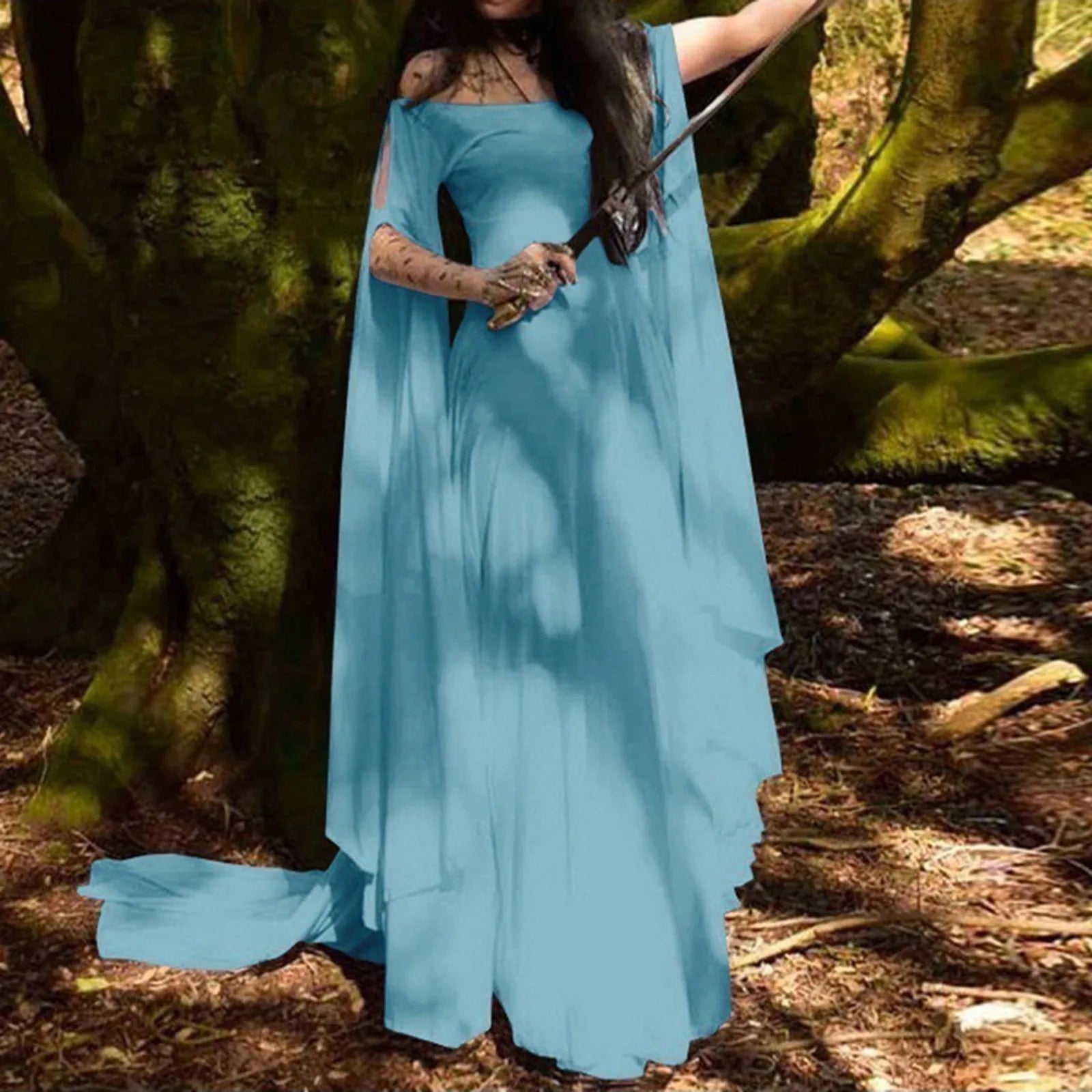 Women Halloween Dress Retro Cosplay Vintage Party Club Elegante Solid Off Shoulder Dress Maxi Funny Halloween Elf Dress Oasis Select Light blue XXL