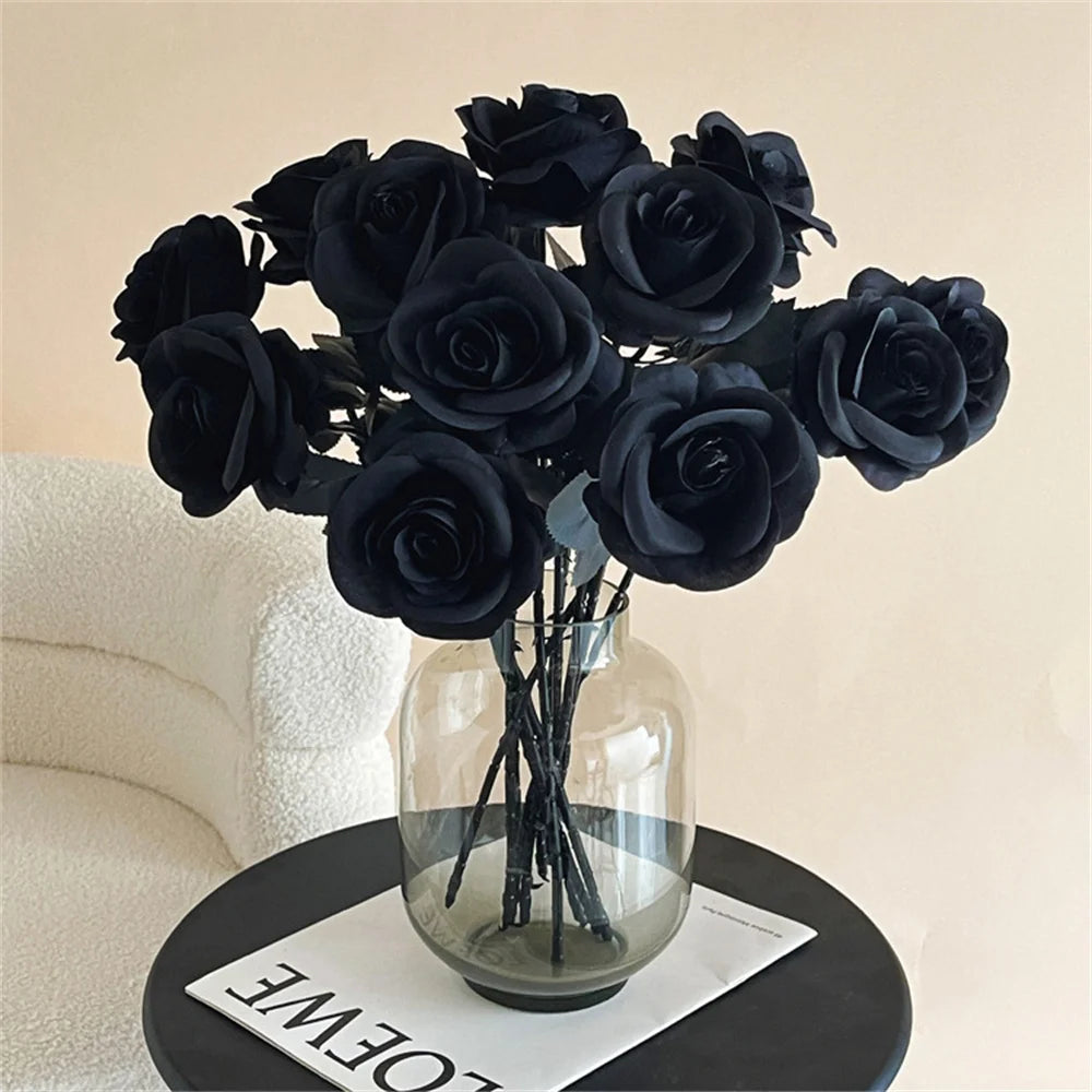 Halloween Black Artificial Rose Flowers Dark Horror Gothic Black Simulated Flower Bouquet for Home Wedding Party Halloween Decor Oasis Select