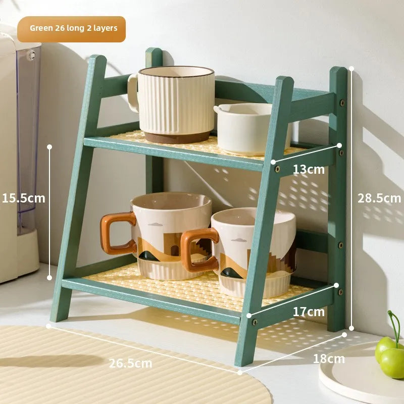 Multi-functional ins medieval rattan cream double-layer desktop rack dormitory bedroom office kitchen cup holder finishing rack Oasis Select Green 26 long
