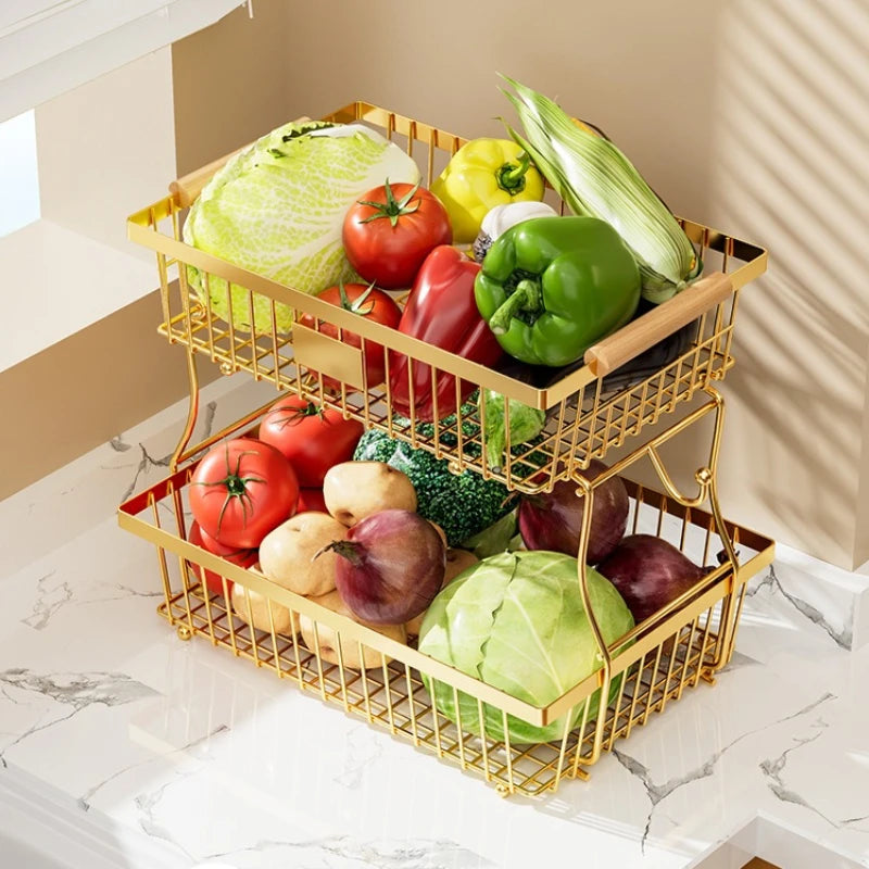 Kitchen Fruit Shelf Living Room Double-layer Removable Storage Rack Tray Wooden Handle Portable Vegetable and Fruit Basket Oasis Select