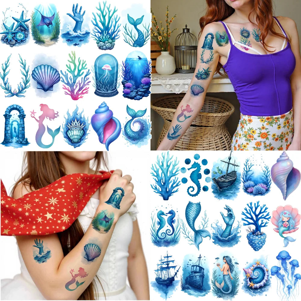 63-Piece Watercolor Ocean Temporary Tattoos – Ships & Seahorses Temporary Tattoo Stickers Oasis Select