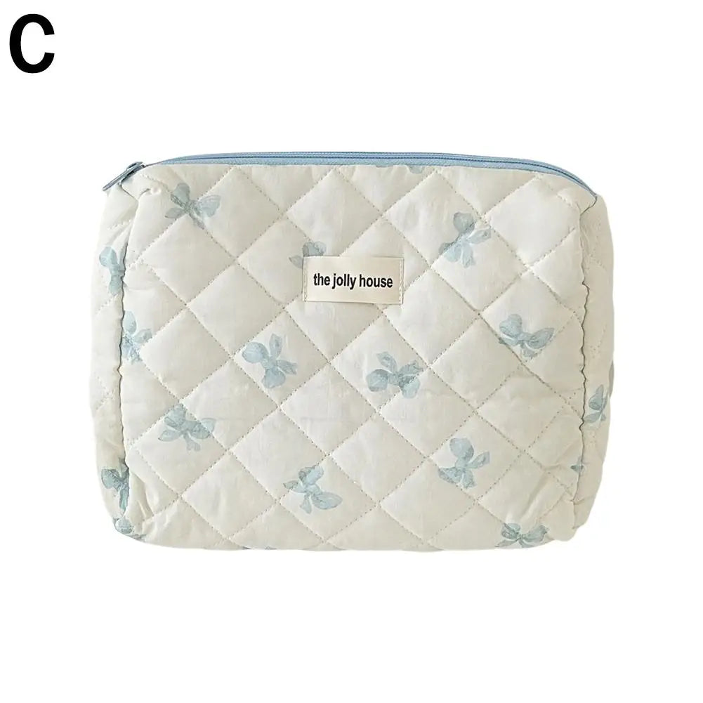 Quilted Floral Makeup Bag Set – 3 Sizes Travel Cosmetic Pouch Cosmetic Bag Set Oasis Select blue-M