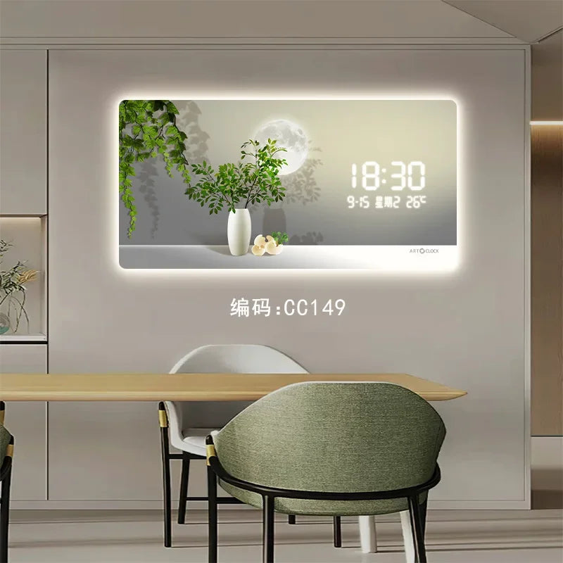 Simple Green Plant Digital Electronic Clock Living Room Decoration Painting Plug-in Digital Display Screen Light Wall Clock Oasis Select CC149 90CM X 45CM