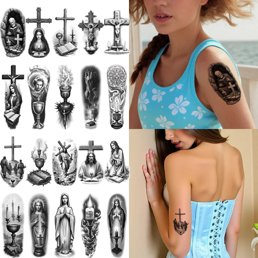 12pcs Spiritual Temporary Tattoos – Dove, Cross & Praying Woman