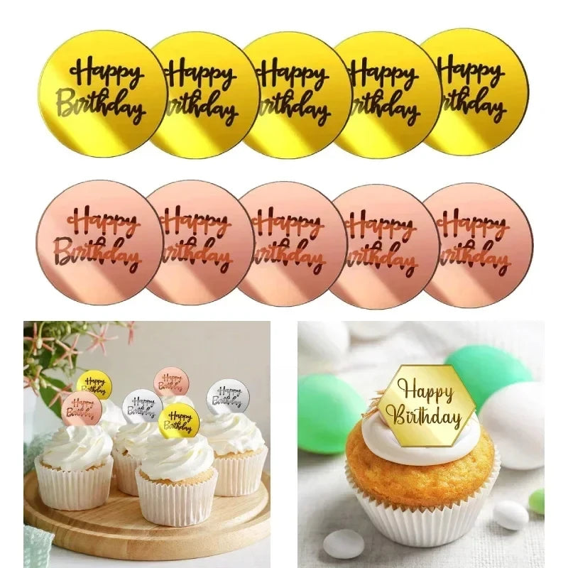 10pcs Happy Birthday Cupcake Toppers Gold Acrylic Circle Dessert Cake DIY Decorations Insert Card Kids Birthday Party Decoration Oasis Select