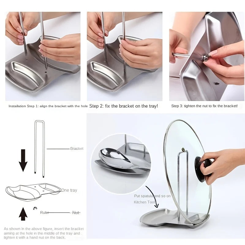 Kitchen Countertop Pot Lid And Spoon Rest Stainless Steel Holder Rack With Draining Tray Utensil Storage Stand Washing Basket Oasis Select