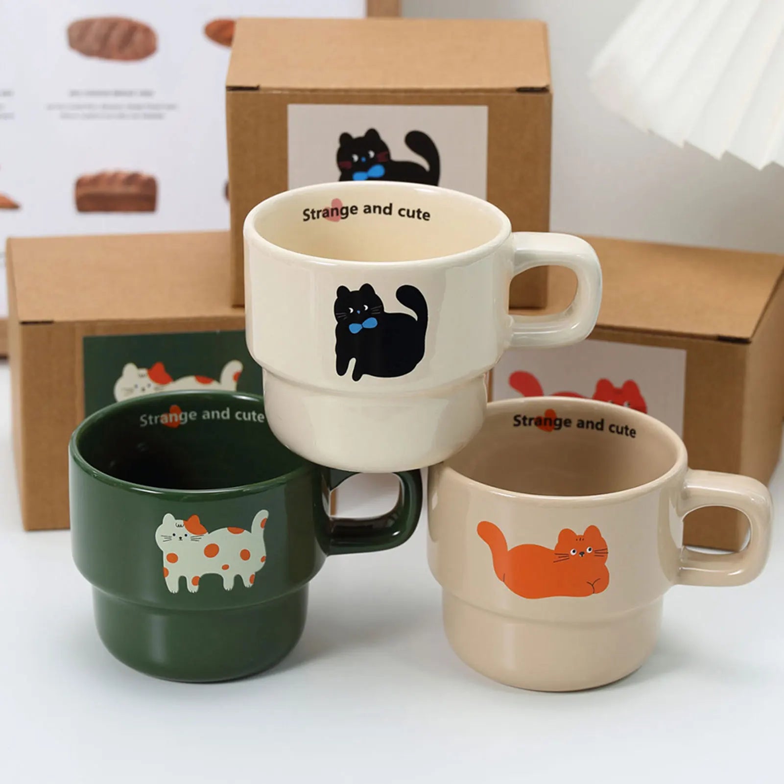 Japanese Stackable Cute Cat Ceramic Coffee Mug | Cartoon Cup