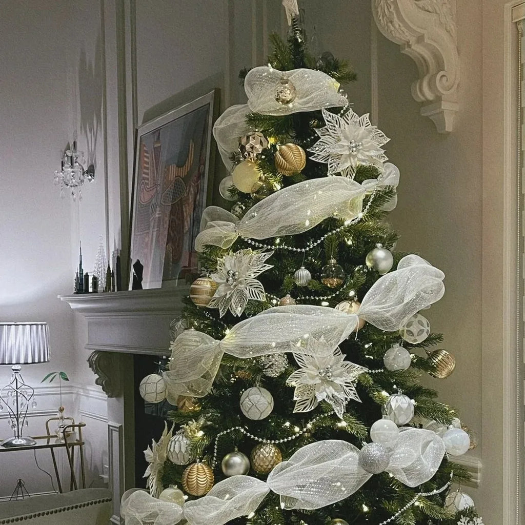 Christmas Ribbon Tree Decoration Mesh Tulle Roll Fabric Pendant Merry Christmas Decor For Home 2024 Xmas Gifts DIY New Year Oasis Select