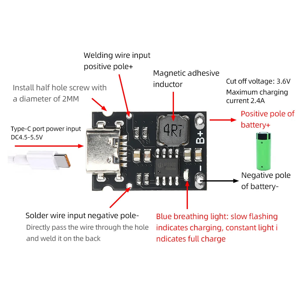 1S 3.2V/3.6V 2.4A Charging Board LiFePO4 Battery Dedicated Charging Module High Current Charging Board Type C DC 4.5-5.5V Oasis Select
