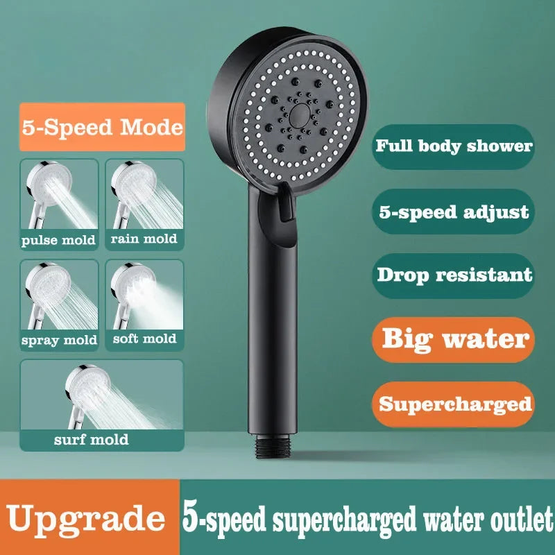5 Modes Shower Head Set with Water Pipe Bracket Adjustable High Pressure Water Saving Shower Head Water Massage Shower Head Oasis Select black