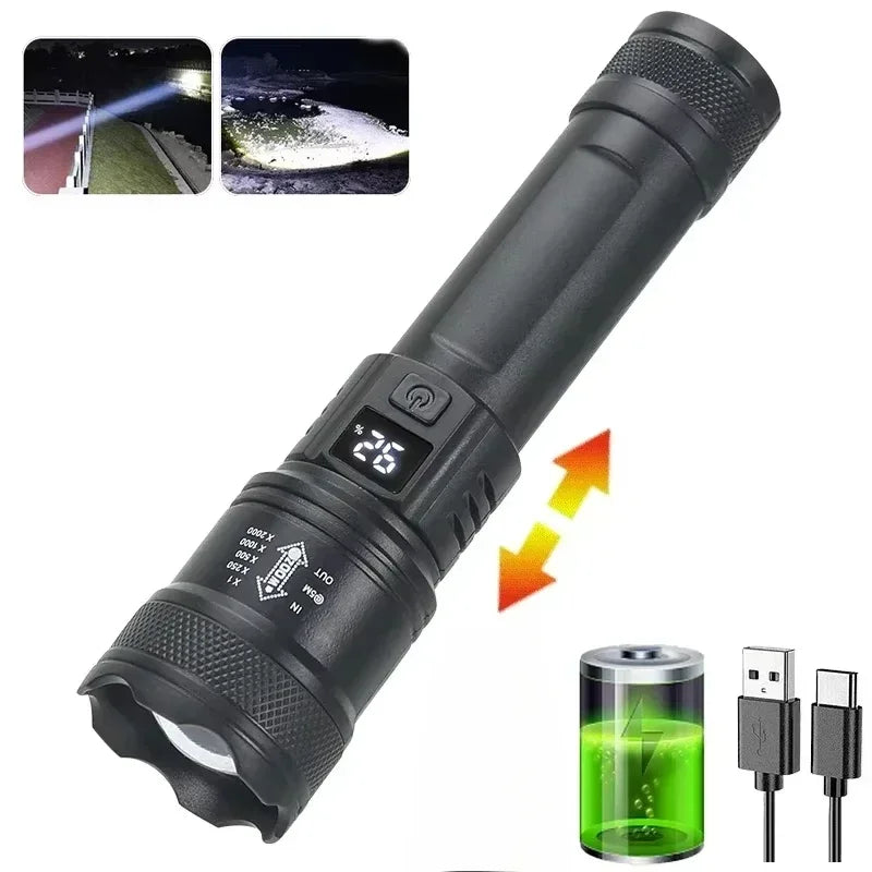 Powerful Led Camping Flashlight 18650 USB Rechargeable Zoom Torch with Side Light Outdoor Tactical Lamp 6mode Waterproof Lantern Oasis Select S384