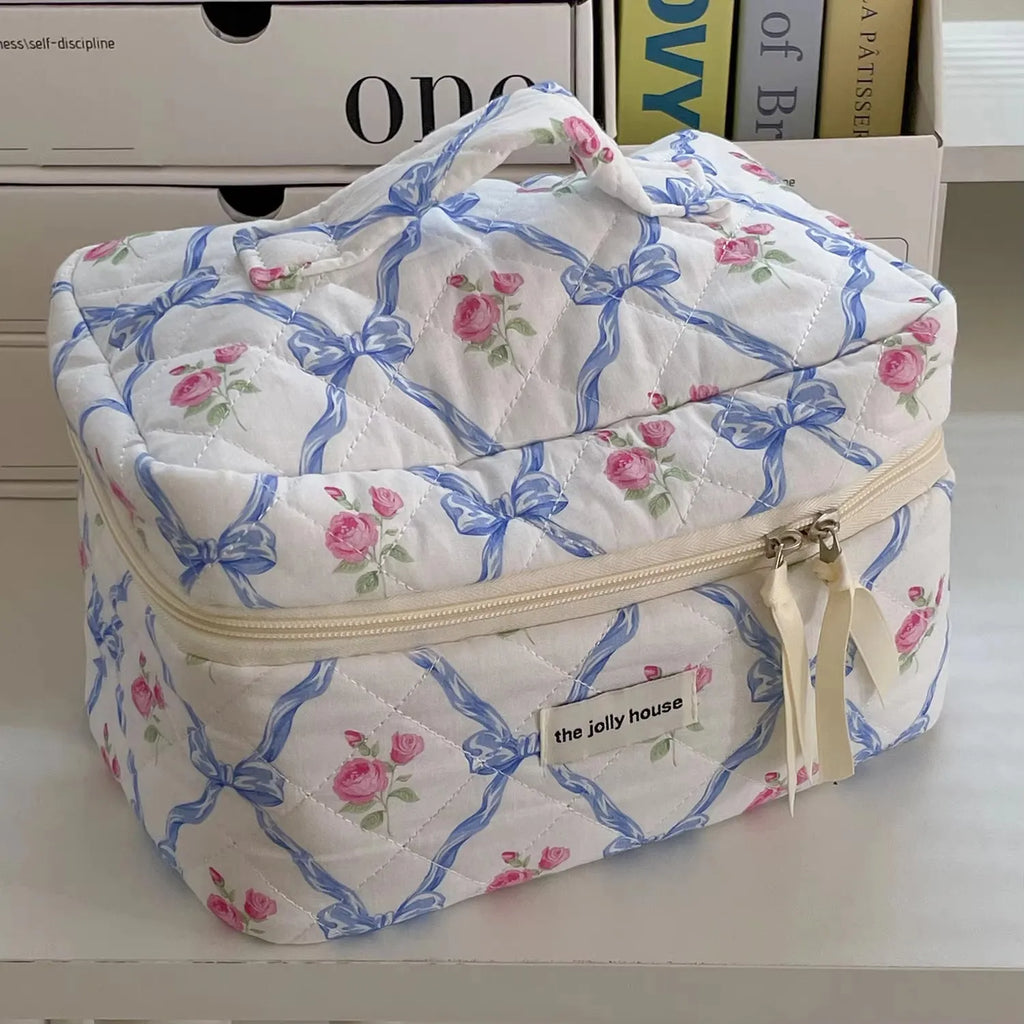Bow Flower Quilted Makeup Bag – Zipper Cosmetic Organizer