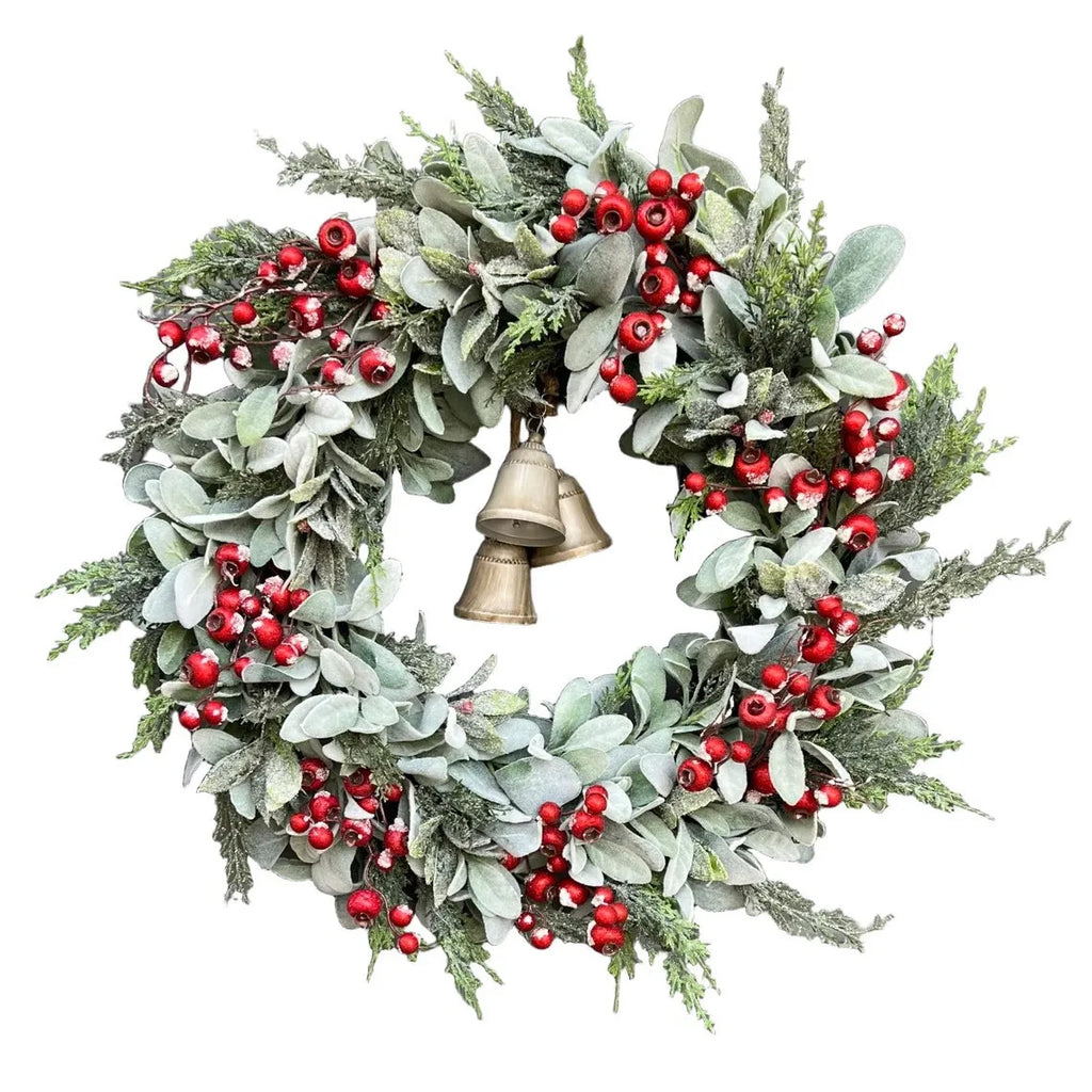 Christmas Red Berry Bell Garland Pine Leaves Flocked Leaves Patio Holiday Decoration Door Hanging Party Decoration Oasis Select A